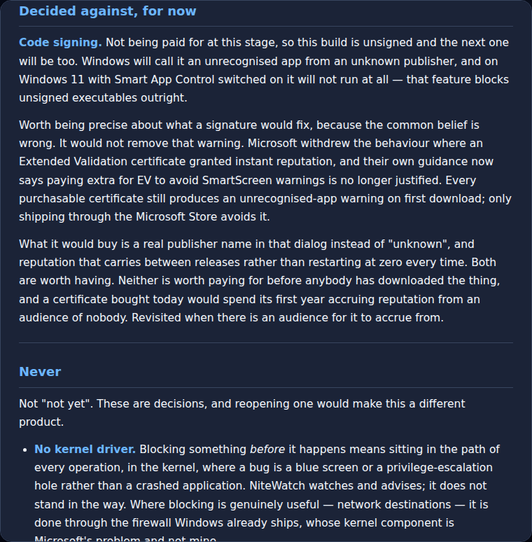 The About panel inside the app, showing the Known Limitations and roadmap documents built into the build.