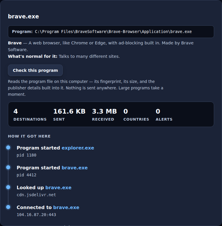 Program detail for brave.exe with a plain-English description and its traffic totals.